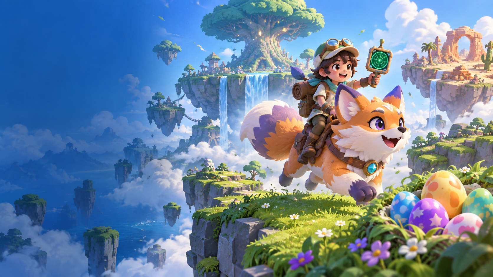 Original concept illustration of an explorer riding a pet through an egg-hunting world